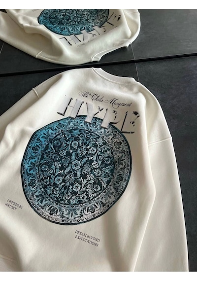 İkales Üç İplik Bisiklet Yaka Baskılı Sweatshirt - Beyaz