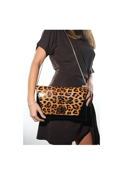 Maorı Siyah Sarı Desenli Rugan Kadın Clutch Çanta Leopar