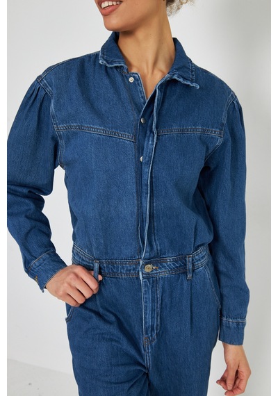 Denim Rahat Kalıp Cıt Cıt Kapamalı Tulum Açık Mavi