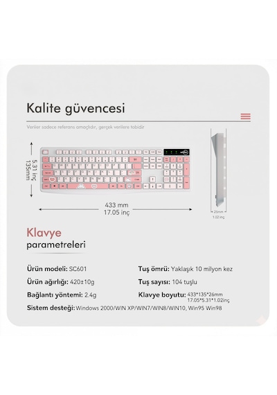 Kablosuz Klavye Mouse Seti Kedi Temalı Sessiz Pembe Beyaz Retro Tablet Laptop Pc Uyumlu Optik