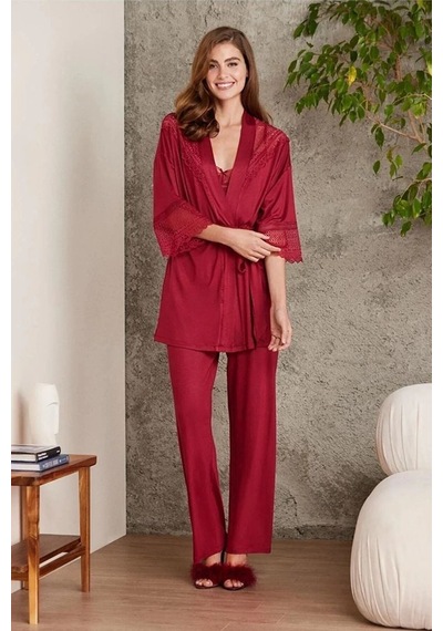 Pierre Cardin 2820 Kadın Bordo Dantelli Penye 3'lü Sabahlıklı Pijama Takım Bordo