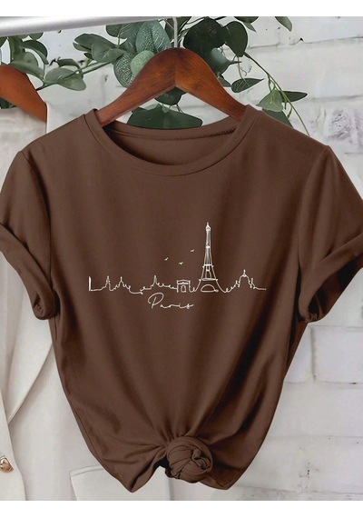Flood Of Style Kadın Kahverengi Çizgi Paris Baskılı Oversize