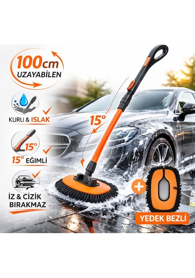 Coofbe Ayarlanabilir Teleskopik Mikrofiber Araç Yıkama Fırçası+yedek Bez Kuru Islak Oto Yıkama Fırçası 1 Adet
