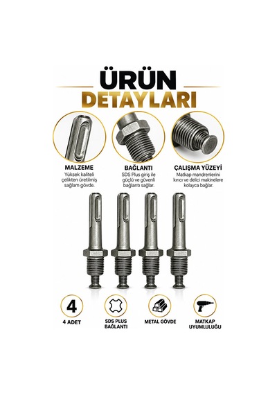 Sds Plus Mandren Adaptörü 4'lü Set Matkap İçin