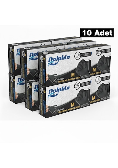 Dolphin M Beden, 10 Kutu, Siyah, Nitril Eldiven, Pudrasız, Latekssiz, Kutuda 100 Adet