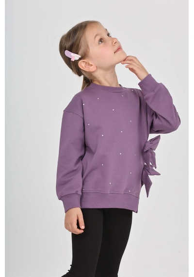 Toontoy Kız Çocuk Taşlı Fiyonklu Sweatshirt Mor