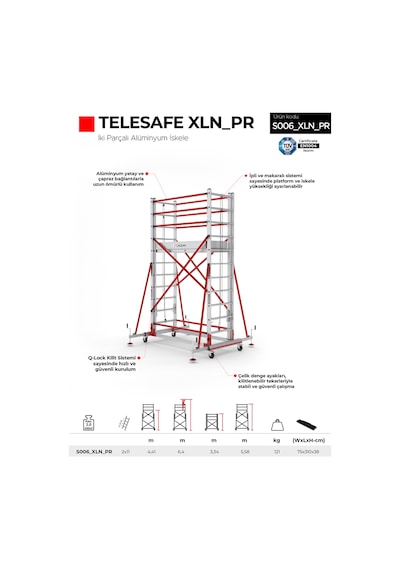 Çağsan 2x11 Basamaklı 6,4 M. Çalışma Yüksekliği Telesafe Xln Premium - İki Parçalı Alüminyum İskele S006 Xln Pr