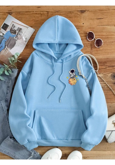 Startmore Mavi Unisex Kadın/erkek Galaxy Renkli Özel Baskılı Pamuklu Oversize Kapüşonlu