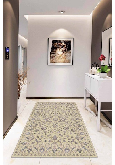 Krem Vintage Kaymaz Tabanlı Makinede Yıkanabilir Halı Rv294n11