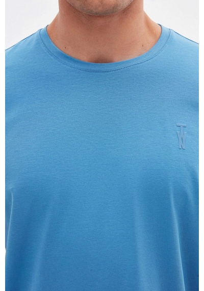 Twn Slim Fit İndigo Düz Kabartma Baskılı T-shirt 4ec148551753m 771