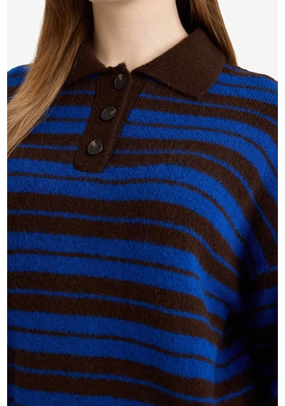 Defacto Loose Fit Polo Yaka Çizgili Triko Kazak Tunik G7240ax25cwbn468 Kahve-bn468