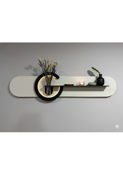 Antoryum Geniş Dekoratif Duvar Rafı Led Işıklı Ahşap İskandinav Tarzı Modern Salon Duvar Rafı Çiçeklik 38x135 Cm Paris Grisi - Antrasit