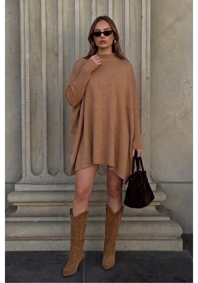 Onno Style Women Düz Triko Standart Panço Bej