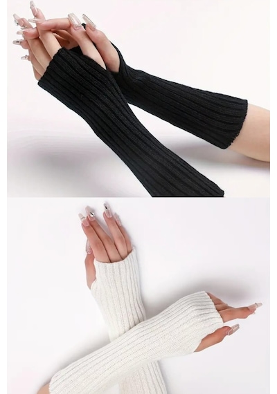 Moibody %100 Akrilik Premium Triko Örgü Hand Warmer El Isıtıcı Kolluk Eldiven Siyah Siyah