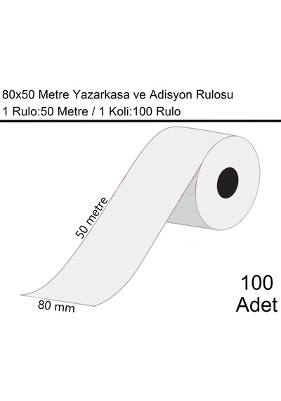 80x50 Metre Termal Yazarkasa Ve Adisyon Rulosu 1 Koli:100 Adet Rulo