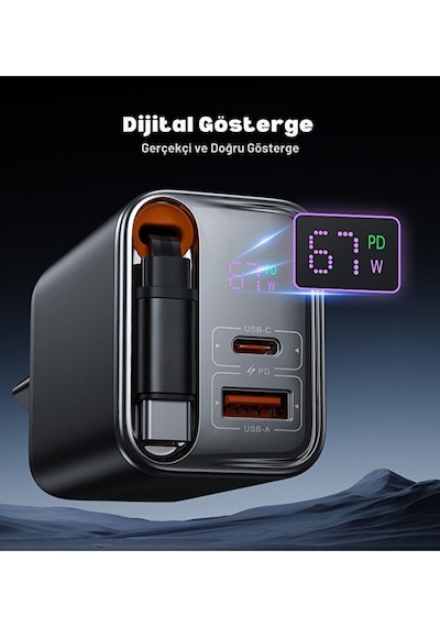67w Gan Hızlı Şarj Adaptörü Dahili Retractable Type-c Kablo 1
