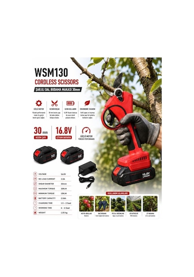 Algaride Wedo Wsm130 16.8v Şarjlı Akülü Dal Budama Makası 30mm Kesim Kapasiteli 2.0ah Lityum Bataryalı Güçlü Ve Ergonomik Budama Makinesi