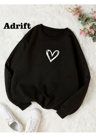 Startmore Adrift Adrif Minimal Kalp Renkli Oversize Bisiklet Yaka Pamuklu Sweatshirt Beyaz Siyah
