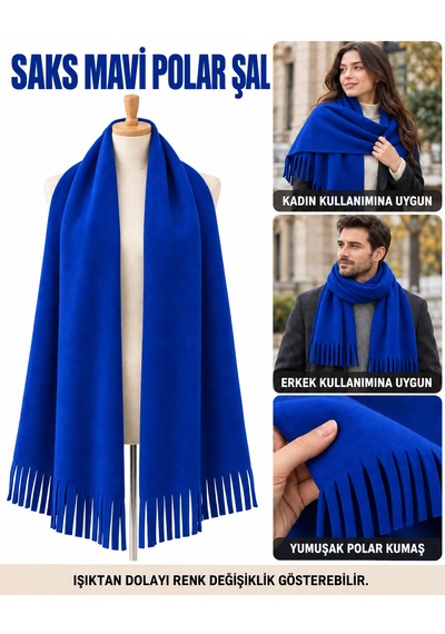 Bigohobi Unisex Polar Şal, Kadın Ve Erkek Kışlık Püsküllü Yumuşak Polar Kumaş Şal Mavi