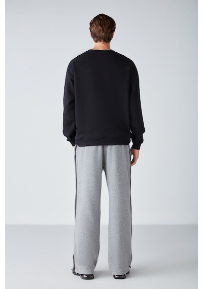 Grimelange Stephan  Erkek Yumuşacık Kışlık Kumaşlı 3 Iplik Organik Pamuk Örme Oversize Siyah Sweatshirt