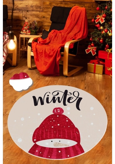 Winter Djt Çap 120 Cm Yılbaşı Halısı, Yeni Yıl Halısı