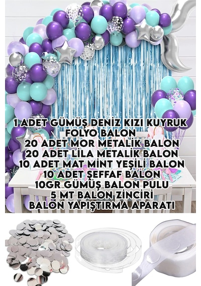 60 Balonlu Gümüş Deniz Kızı Kuyruk Folyo Balonlu Balon Zinciri Do