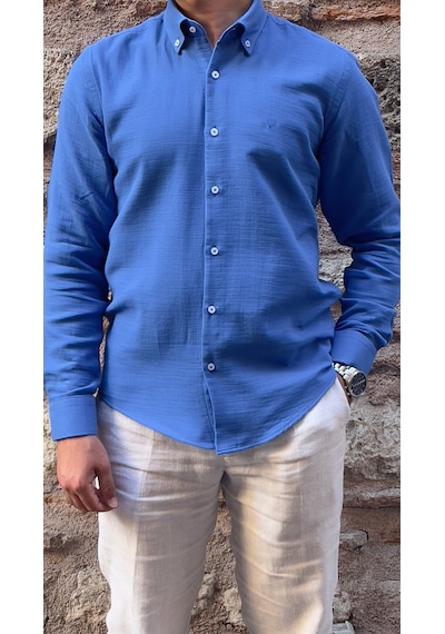 Slim Fit Uzun Kol Müslin Pamuk Rahat Nefes Alabilen Kumaştan Yaka Düğmeli Hediye Kutulu Erkek Gömlek Fs-004202 - Saks Mavi-2862 Slim Fit Uzun Kol Müslin Pamuk Rahat Nefes Alabilen Kumaştan Yaka Düğmeli Hediye Kutulu Erkek Gömlek Fs-004202 - Saks Mavi-2862