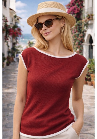 Aqefashion Kadın Kayık Yaka Sosis Yaka Yarasa Kol Beyaz Detaylı Modern Basic Özel Tasarım Bordo Triko Bluz