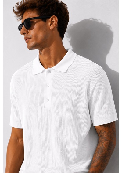 Ribana Erkek Kısa Kollu Fitilli Yarım Düğme Kapama Polo Yaka T-shirt 26001 Beyaz