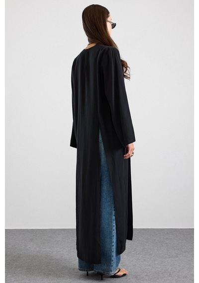 Olcay Derin Yırtmaçlı Oversize Uzun Tunik Siyah 9838