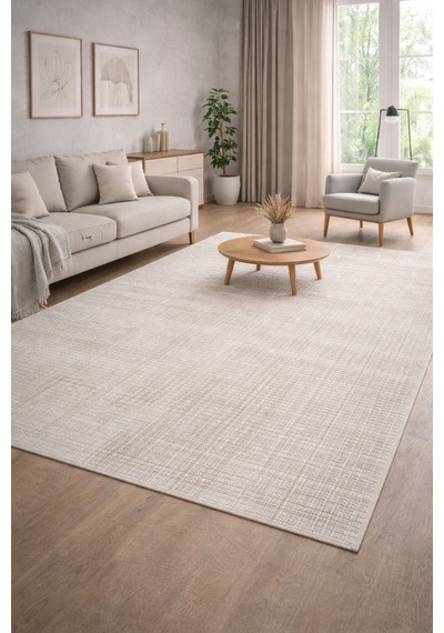 Modern Krem Dokulu Halı Minimal Grid Desen, Yumuşak Yüzey, Pamuk Jüt Tabanlı, Salon Halısı