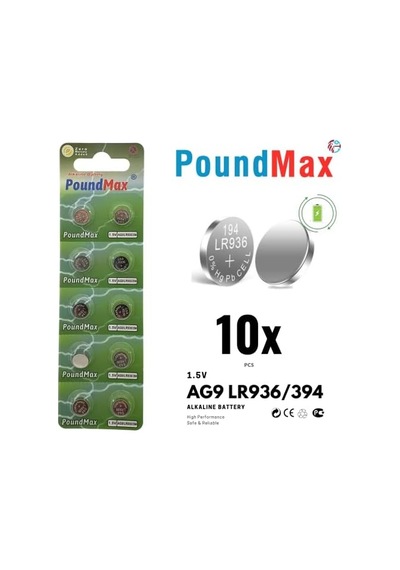 10x Ag9 Lr45, Lr936, 394 1.5v - Poundmax Alkalin Düğme Piller 1x 10&apos Lu Paket
