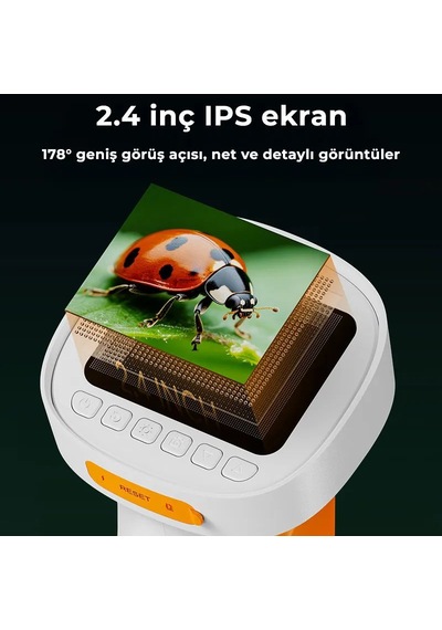 395 Turuncu Taşınabilir Dijital Çocuk Mikroskobu - 2.4 İnç Ips Ekranlı, 1080p Full Hd, 1000x Zoom, 8 Led Işıklı Eğitici Bilim Kiti