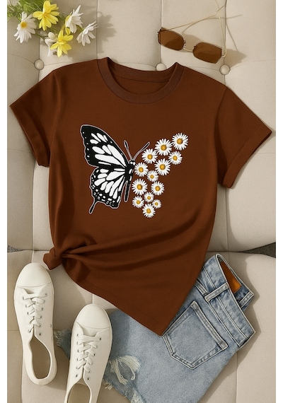 Papatyalı Kelebek Baskılı Unisex Tişört Kahverengi
