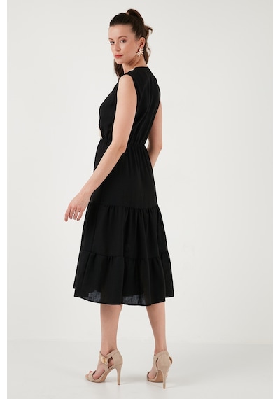 Lela Regular Fit Kruvaze Yaka Midi Bayan Elbise 6118103 Siyah