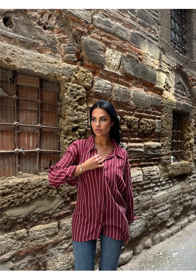 WeShaya Bordo Çizgili Oversize Düğmeli Gömlek Bordo