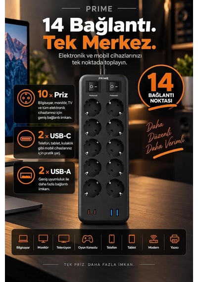 Fulltech Prıme 10'lu Akım Korumalı Priz 3680w - 1050j Koruma, 2 Usb-c + 2 Usb-a, 2 Metre Kablolu, 1+1 Bağımsız Aç/ 0