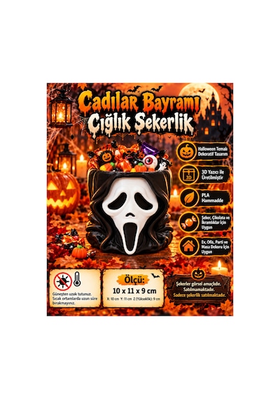 Cadılar Bayramı Çığlık Maskesi Şekerlik Halloween Korku Temalı Dekoratif Şeker Çikolata Kasesi Siyah - Beyaz Siyah - Beyaz