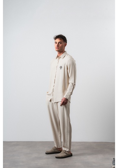 Erkek Keten Oversize Gömlek Pantolon Takım Bej