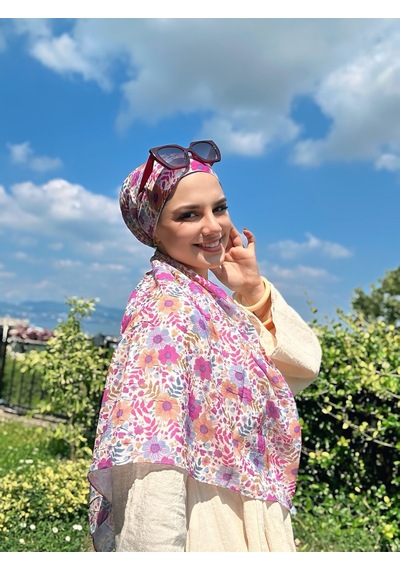 Moda Kaşmir Flora Desen Bambu Eşarp Mavi-somon