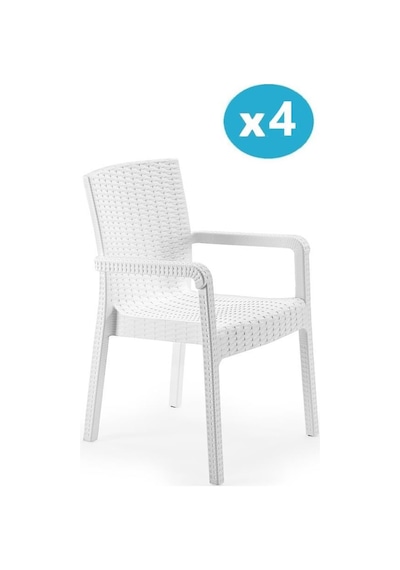 Omnipazar Sy-2527 Royale Hasır Desenli Rattan Bahçe Koltuk Sandalye 4'lü Set Beyaz Beyaz