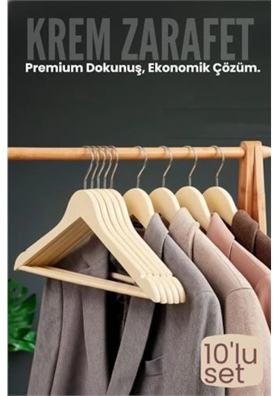 Znv Zenvia Mey İthalat 10'lu Lüks Krem Elbise Ceket Askısı - Ergonomik & Kaymaz Plastik Askı Seti - Ahşap Gör Renkli