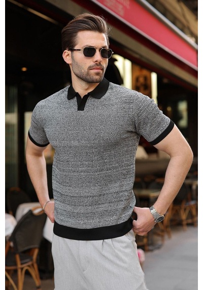 Madmext Siyah Polo Yaka Regular Fit Erkek Triko Tişört E7496