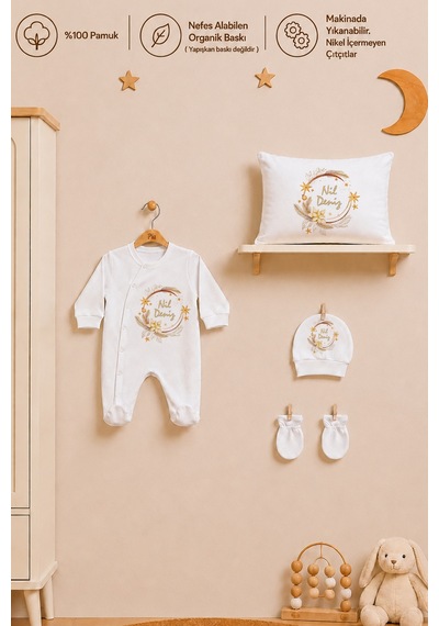 Pia Baby İsme Özel %100 Pamuk Kız Bebek Yastık Battaniyeli Tulum Set Kese Hediyeli 1093tybk3x Krem