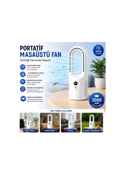 Bmfn15 Kanatsız Vantilatör Hava Soğutucu Fan Şarjlı Masaüstü Mini Klima 6 Kademe Ayaralanabilir Fan Serinletici Vantilatör