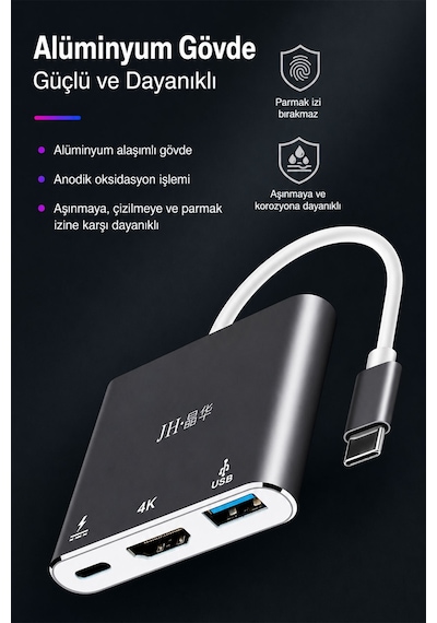 Type-c Hdmı Usb 3.0 Pd Hub Adaptör, 3ü 1 Arada Çoklayıcı, 4k Görüntü Aktarımı, 65w Pd Hızlı Şarj, Macbook Laptop Telefon Uyumlu, Alüminyum Gövde Z330