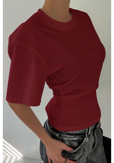 Kadın Bordo Kısa Kollu Sırt Dekolteli Slim Fit Bluz/t-shirt Bordo