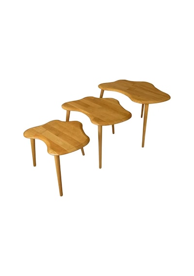 Fawdecor Asimetrik Masif Ahşap Zigon Sehpa Takımı 3'lü Set Meşe
