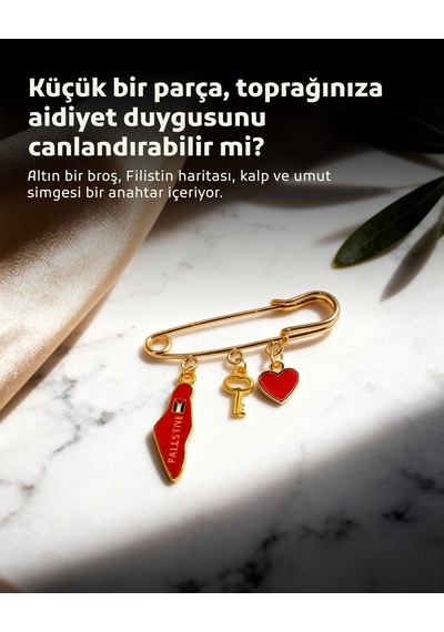Filistin Haritası Kırmızı Rengi, Fetih Anahtarlığ Ve Kırmızı Kalıbı Üçlü Yaka İğnesi Broş A300057 Kırmızı