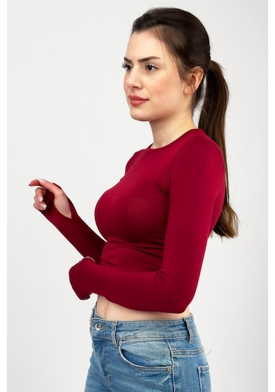 Kadın Bisiklet Yaka Parmak Detaylı Spor Body Basic Soft Touch Spor Crop Bordo